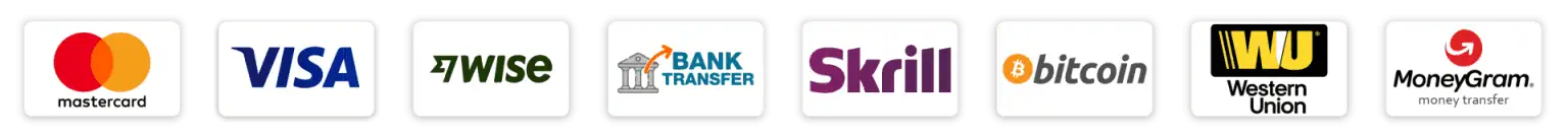 Accepted payment methods including Mastercard, Visa, Wise, bank transfer, Skrill, Bitcoin, Western Union and MoneyGram